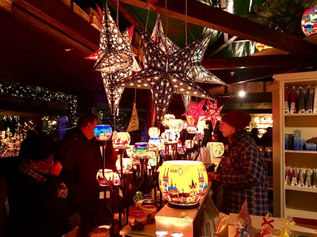 Christmas market stall selling decorations