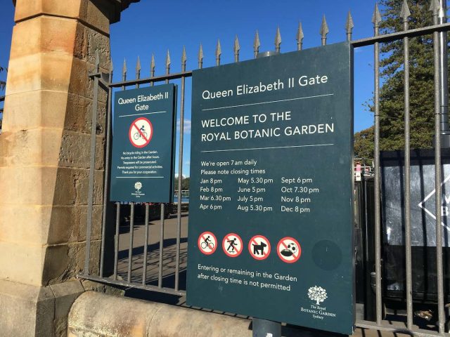 Royal Botanic Garden Sydney gate with signs