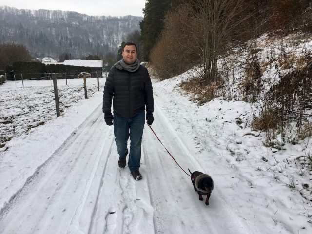 Walking in the snow with dog