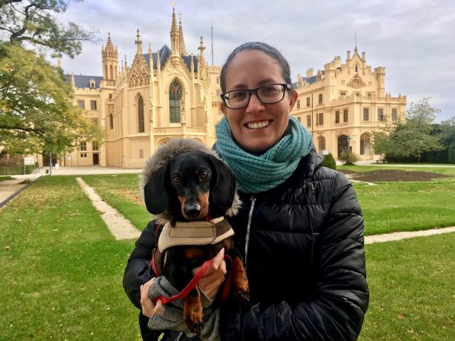 Outside Lednice Park chateau with dog