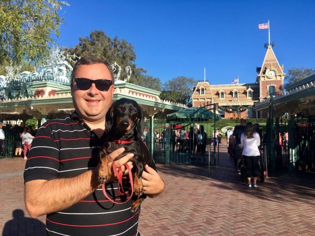 Outside Disneyland with a dog