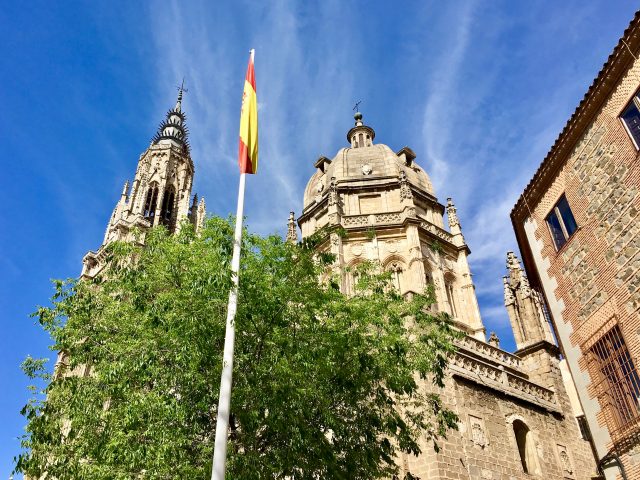 Church in Spain with Spanish flag