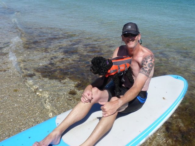 Man with dog on SUP board at beach