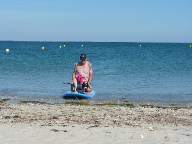 Man and dog on SUP board demonstrating the safety position for landing