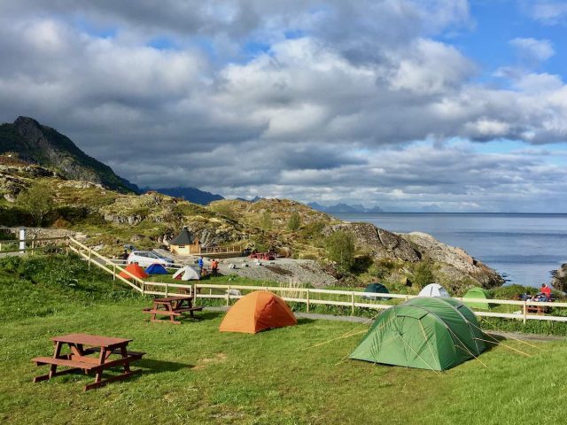 Camping on a sunny evening in the Lofoten Islands