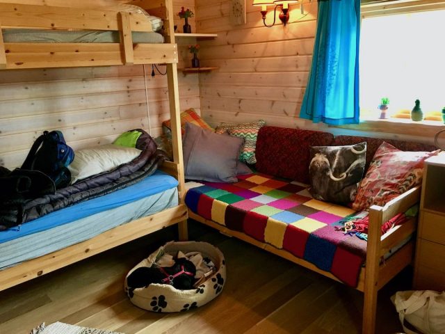 Inside a cosy cabin in Norway, complete with dog