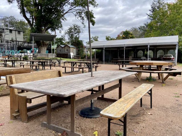 The large beer garden of the Friendly Inn