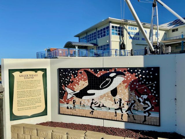 The "Cavalcade of Twofold Bay History" murals outside the Eden Killer Whale Museum