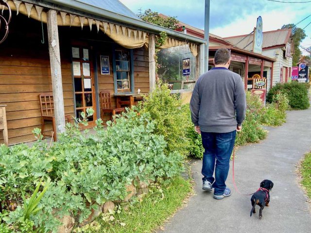 Walking along the main street of Mogo