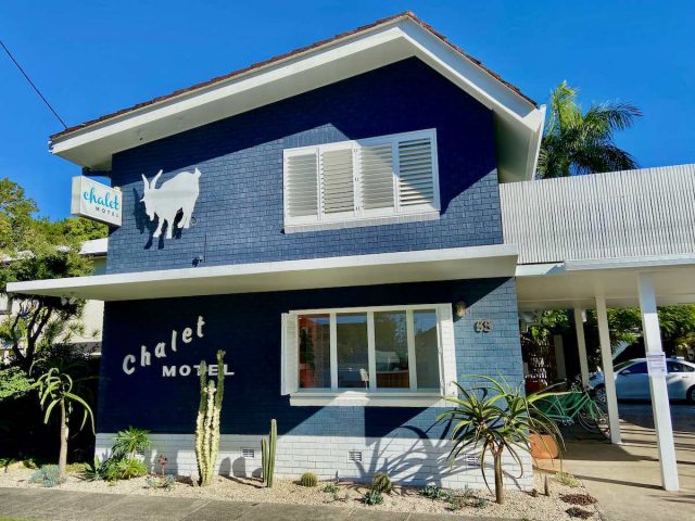 The exterior of the 60s-style Chalet Motel in Brunswick Heads