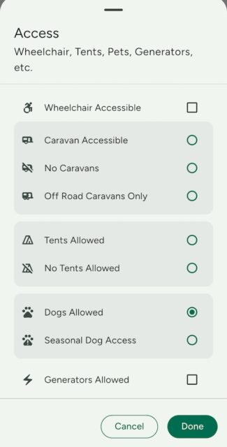 WikiCamps Access Filters